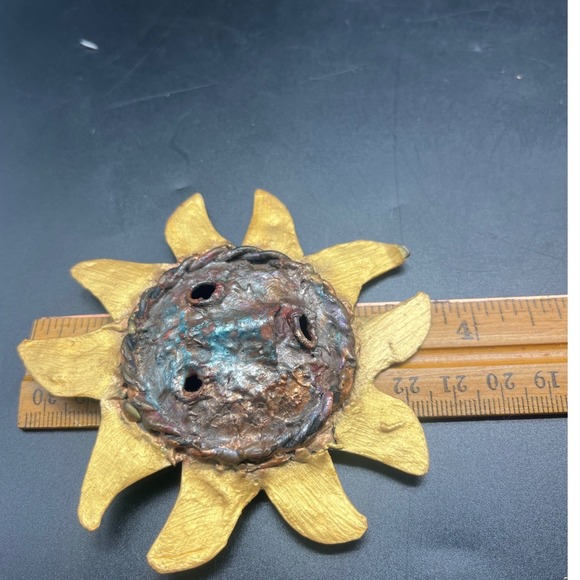 Artisan Brutalist Sun Face Brooch Pendant Gold Mixed Metal Celestial 3.75\